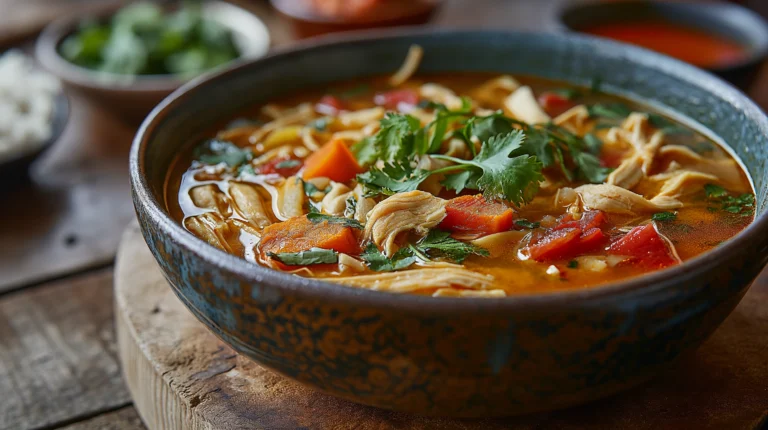 Bowl of chicken noodle soup garnished with cilantro.