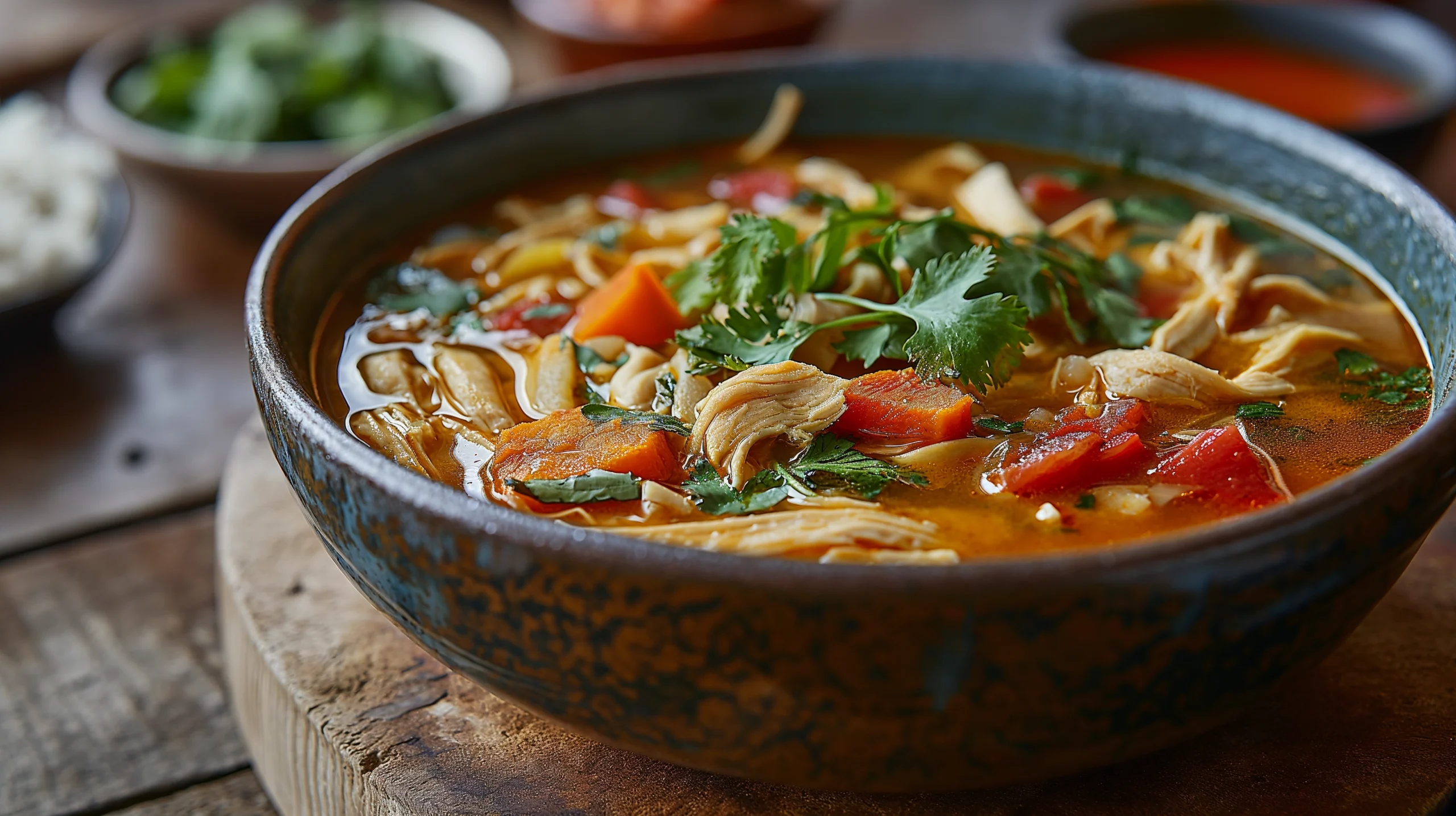 Bowl of chicken noodle soup garnished with cilantro.