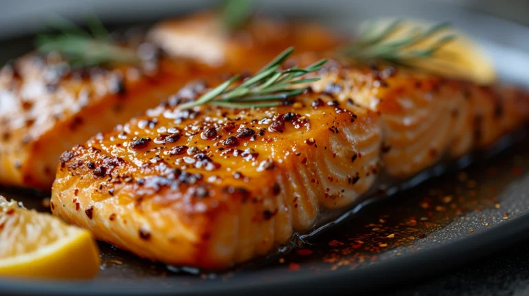 baked Honey mustard Salmon with rosemary on top